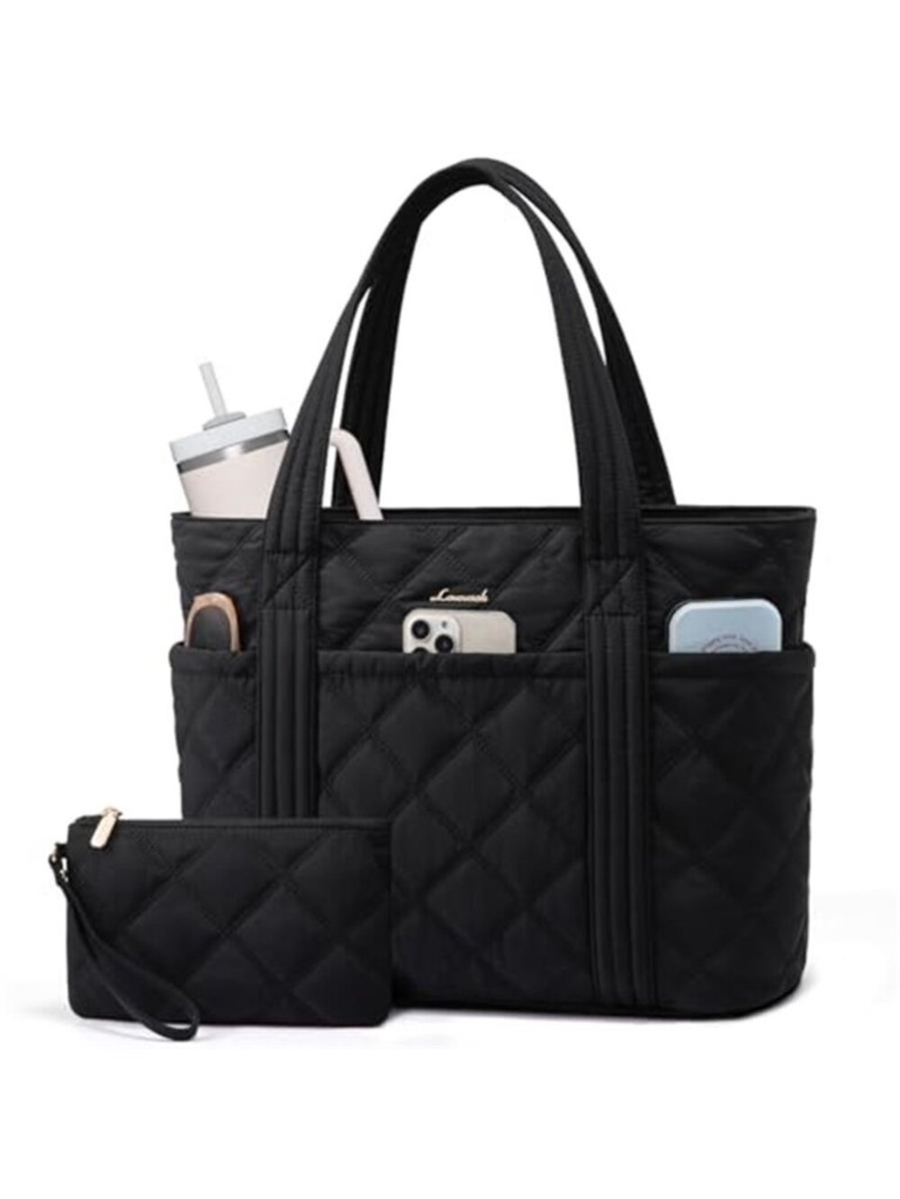 Women's Puffer Tote Bag Puffy Work Handbag with Cup Holder